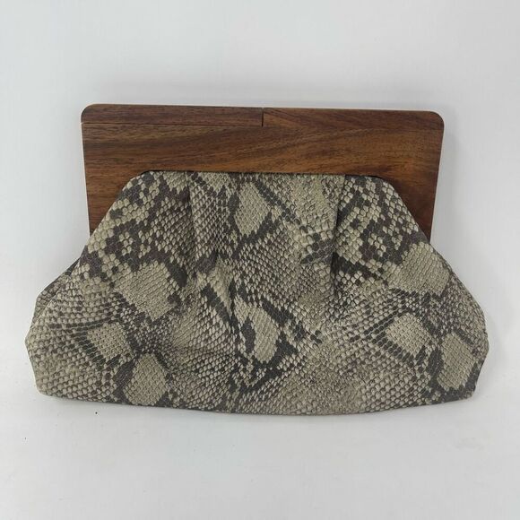 Banana Republic Suede Phyton Snake Print Leather Wooden Frame Hinged Clutch - Picture 1 of 7